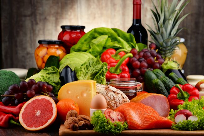 Organic food including vegetables fruit bread dairy and meat